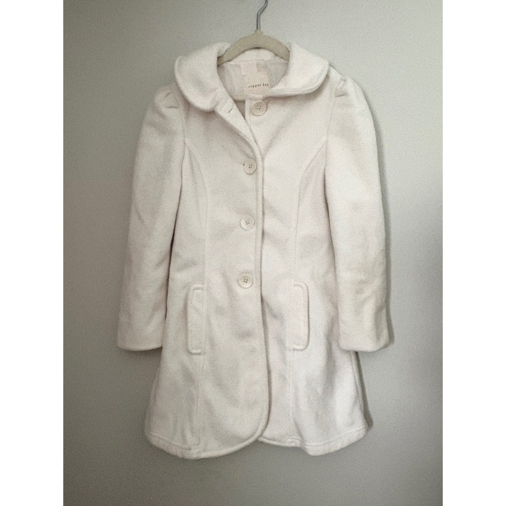 Copper Key Girls Cream White Fleece Pea Coat Bow Back Peter Pan Collar Size 7/8